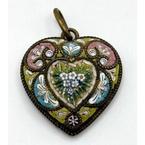 Antique Italy Micro Mosaic Flower Heart FAP Fabbrica Angelo Pessar Pendant